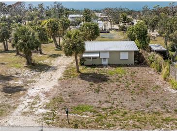 Charming home featuring a metal roof and a spacious, partially landscaped yard with mature palm trees at 7032 Duke St, Englewood, FL 34224