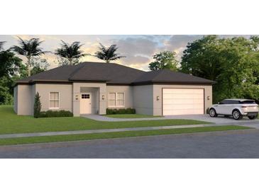 Charming one-story home with a two-car garage, manicured lawn, and a stylish white car parked in the driveway at Lot 2 Blk1552 Nordendale Blvd, North Port, FL 34288