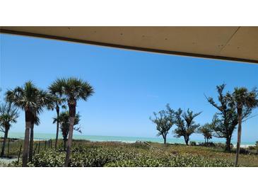 Expansive beach view with palm trees, lush foliage, and clear blue skies from this inviting property at 5800 Gulf Shores Dr # 25, Boca Grande, FL 33921