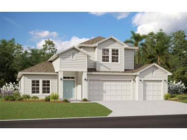 Charming two-story home featuring a three-car garage, manicured lawn, and a welcoming facade at 7458 Sea Manatee St, Parrish, FL 34219
