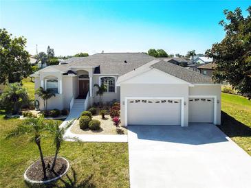 Charming single-story home featuring a manicured lawn, three-car garage, and elegant architectural details at 802 Eagle Ln, Apollo Beach, FL 33572