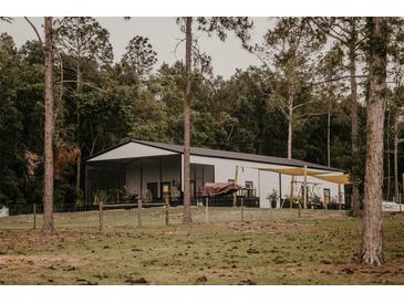 View of white barn with black roof and surrounding grass and woods at 18142 Powerline Rd, Dade City, FL 33523