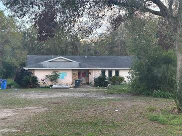 A single-story home with a light pink exterior, dark roof, front yard, and surrounding greenery at 3133 Washington Rd, Valrico, FL 33594