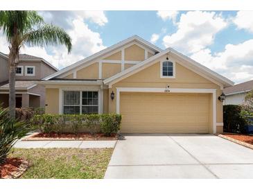 Charming one-story home featuring a two-car garage, manicured lawn and beautifully landscaped front yard at 12654 Belcroft Dr, Riverview, FL 33579