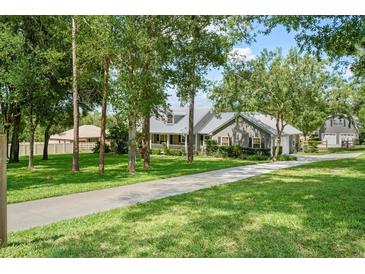 Charming home featuring mature trees, a long driveway, and well-maintained landscaping on a sunny day at 9912 Pine Leaf Ln, Dade City, FL 33525
