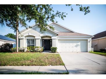 Charming single-story home with a well-maintained lawn and a two-car garage at 11567 Misty Isle Ln, Riverview, FL 33579