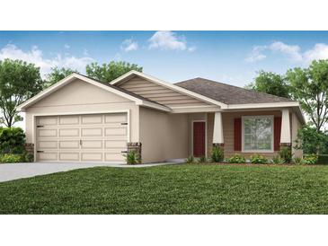 Charming single-story home with a two-car garage, well-manicured lawn, and inviting front entrance at 6957 161St E Ter, Parrish, FL 34219