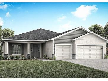 Charming single-story home with gray siding, well-manicured lawn, and a two-car garage at 2422 White Ladyfish Rd, Wimauma, FL 33598
