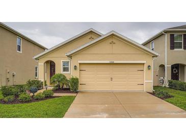 Charming single-story home featuring a two-car garage and well-manicured landscaping at 32668 Abby Lax Ln, Wesley Chapel, FL 33543