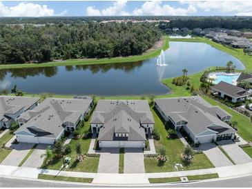 Stunning aerial view of homes backing to a lake with a fountain, pool, and lush landscaping at 12586 Oak Hill Way, Parrish, FL 34219
