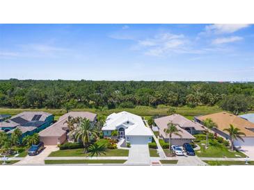 Aerial view of charming homes with manicured lawns and lush landscaping in a peaceful neighborhood with beautiful treeline in the distance at 213 Venice Palms Blvd, Venice, FL 34292