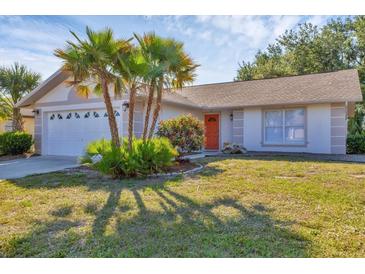 Charming single-story home featuring a well-manicured lawn and tropical landscaping at 3181 E Village Dr, Venice, FL 34293
