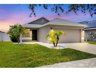 Charming single-story home featuring a well-manicured lawn, lovely landscaping, and a two-car garage at 711 Brenton Leaf Dr, Ruskin, FL 33570