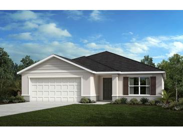 One-story home with white garage door and dark brown accents at 37453 Yukon Dr, Zephyrhills, FL 33540