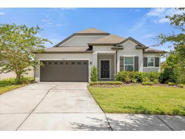 One-story home with a two-car garage and well-manicured lawn at 8064 Olive Brook Dr, Wesley Chapel, FL 33545