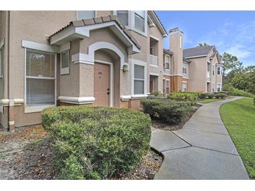 Apartment building with landscaped grounds and a concrete walkway at 10407 Villa View Cir # 10407, Tampa, FL 33647