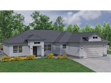 Modern single story home with gray exterior, white garage door and landscaping at 4683 Boston Ter, North Port, FL 34288