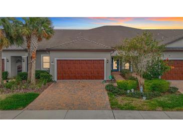 Front exterior view of a charming villa with a brick driveway and lush landscaping at 10342 Echo Dock Loop, San Antonio, FL 33576