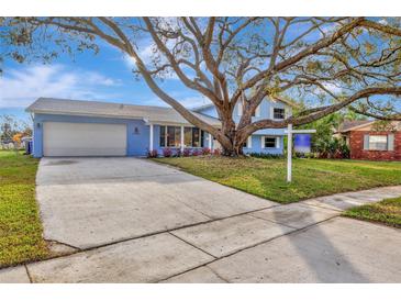 Charming blue two-story home with a spacious driveway and a beautiful mature tree in the front yard at 6709 Mornay Cir, Tampa, FL 33615