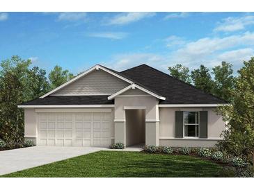 Single-story home with a two-car garage and landscaped lawn at 10318 Star Flower Ln, Riverview, FL 33578