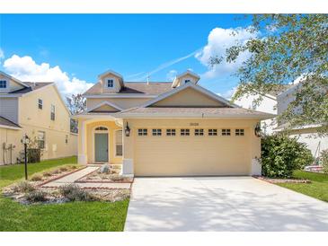 Charming two-story home with a yellow exterior, attached garage, and landscaped front yard at 15126 Searobbin Dr, Lakewood Ranch, FL 34202