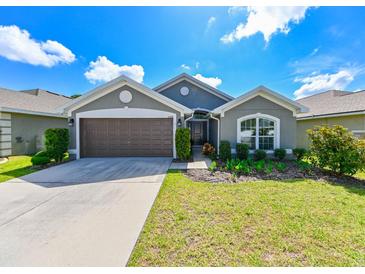 Gray house with brown garage door, landscaping, and driveway at 14308 Edinburgh Moor Dr, Wimauma, FL 33598