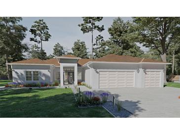 Charming single story home with a three car garage and a manicured lawn, nestled among mature trees at 15945 Viscount Cir, Port Charlotte, FL 33981