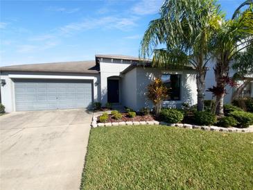 Charming single-story home with a well-manicured lawn, landscaped garden, and a two-car garage at 36017 Stable Wilk Ave, Zephyrhills, FL 33541