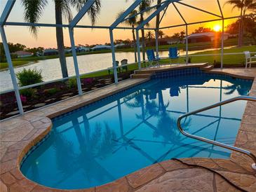 Screened-in pool features a ledge with chairs overlooking the beautiful lake during a colorful sunset at 1727 Waxwing Cir, Venice, FL 34293