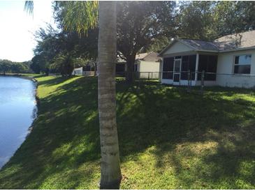 Residential house showing the grassy backyard, partial water view, and screened in patio at 7342 Skyview Ave, New Port Richey, FL 34653