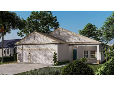 Charming single-story home featuring a two-car garage, landscaped front yard, and a welcoming teal front door at 151 April Rd, Rotonda West, FL 33947