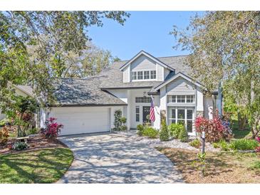 Charming two-story home featuring a gray roof, an attached two-car garage, a well-manicured lawn, and mature landscaping at 19104 Redbay Way, Tampa, FL 33647