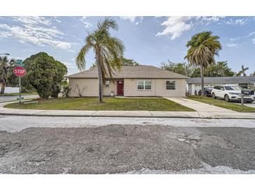 Charming single-story home featuring a well-maintained front yard and mature palm trees at 7001 Heath Dr, Port Richey, FL 34668