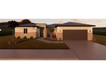 Stunning single-story home with a two-car garage, manicured lawn, and elegant landscaping at 24489 Kingsway Cir, Punta Gorda, FL 33983