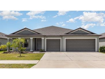 Charming single-story home with a well-manicured lawn and a two-car garage at 13581 Willow Bluestar Loop, Riverview, FL 33579