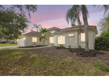 Stunning home with manicured lawn, palm trees, and a neutral color scheme, beautifully lit against a sunset sky at 11019 Pine Lilly Pl, Lakewood Ranch, FL 34202