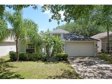 Charming single-Gathering home featuring lush landscaping and a cozy front porch bench at 13405 Fawn Springs Dr, Tampa, FL 33626