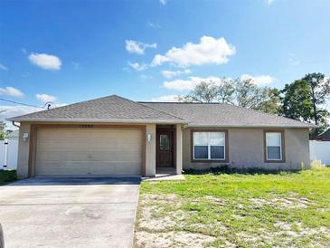 Charming single-story home featuring a two-car garage and well-lit porch at 12092 Rockford St, Spring Hill, FL 34608