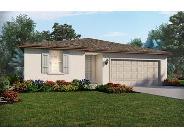 Charming single-story home features a well-manicured lawn and a neutral color palette at 1752 Brekey Way, Zephyrhills, FL 33541
