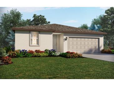 Inviting single-Gathering home featuring a two-car garage, neutral color palette, and neatly landscaped front yard at 228 Lazy Shore Dr, Nokomis, FL 34275