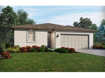 Charming single-story home featuring a two-car garage and a beautifully landscaped front yard with colorful bushes at 201 Lazy Shore Dr, Nokomis, FL 34275