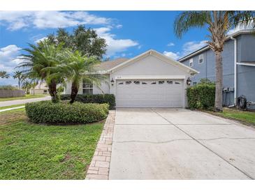 Charming home featuring a two-car garage, well-manicured landscaping, and a welcoming front entrance at 3319 Thistledown Ln, Land O Lakes, FL 34638