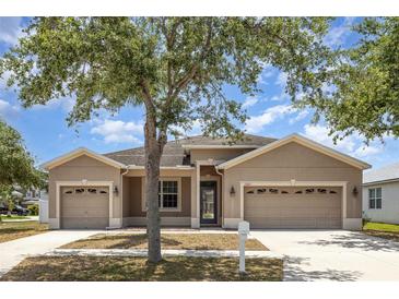 Charming single-story home featuring a two-car garage, manicured lawn, and inviting front entrance at 11621 Ashton Field Ave, Riverview, FL 33579
