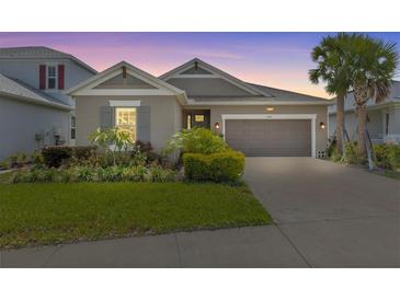Charming single-story home with well-maintained landscaping, a two-car garage, and a beautiful palm tree at 10516 Tranquil Meadow Loop, Riverview, FL 33569