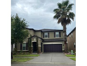 Two-story home with a two-car garage, well-manicured lawn, and mature trees at 9221 Mountain Magnolia Dr, Riverview, FL 33578