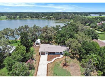 Expansive lakefront property featuring mature trees, lush greenery, and a long driveway leading to a well-maintained home at 14050 Blackjack Rd, Dover, FL 33527