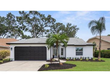 Charming home featuring a lush lawn, updated garage door, and a well-manicured tropical landscape at 9555 Knightsbridge Cir, Sarasota, FL 34238
