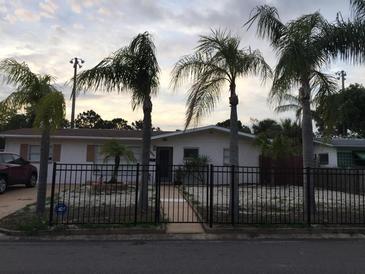 Charming single-story home with a well-kept lawn, mature palm trees, and a black metal fence at 3680 Whiting Se Dr, St Petersburg, FL 33705