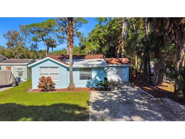 Charming single-story home with a well-maintained lawn, lush trees, and a gravel driveway at 5141 Mallet Dr, Port Richey, FL 34668