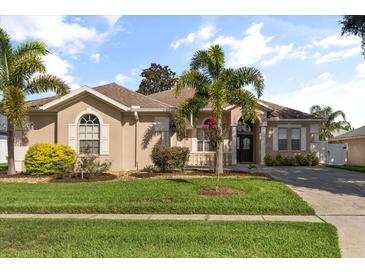 Charming single-story home featuring a lush front yard and tropical landscaping at 23109 Emerson Way, Land O Lakes, FL 34639